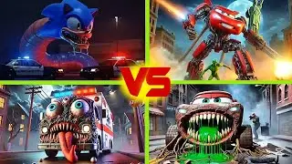 Sonic EXE 🆚 McQueen Transforms🆚 Ambulance Mutated 🆚McQueen Chainsaw Tiles Hop EDM Rush