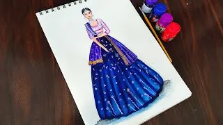 How to draw girl in beautiful blue lehenga- Asmita Art