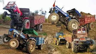 New JCB 3dx Machine loading mud | Sonalika DI 745, Mahindra Arjun 605, Powertrec euro50 and trolley 