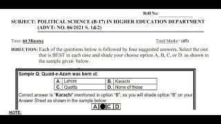 Self Assessment Test 45 MCQs | LECTURER in Political Science | KPPSC | Adv No 06/2021 Male & Female