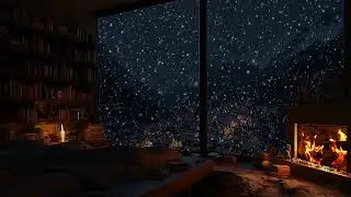 Snowy Night Cabin Ambience | Heavy Snowfall, Warm Lights & Fireplace Sounds for Deep Sleep
