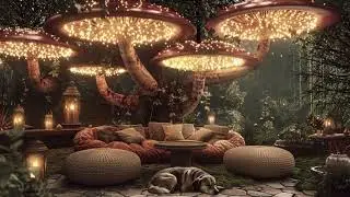 🍄Enchanted Mushroom Haven | Cozy Fantasy Fall Ambience | Coffeehouse Jazz, Rain & Fairy Lights 🍄