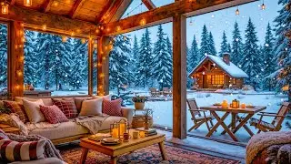 Warm Cabin Porch in Snowy Woods 🎄 Relaxing Jazz & Winter Serenity Ambience