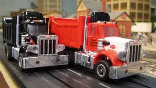 Dump Truck Slot Cars: on Model Railroad Shared with Baltimore & Ohio Train