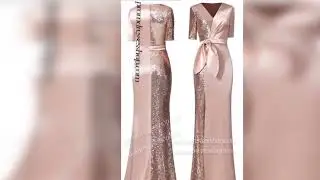 tonal short sleeves v neck high thigh slit sequins satin evening dress