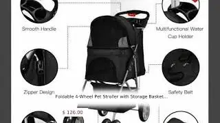 Foldable 4-Wheel Pet Stroller with Storage Basket-Black