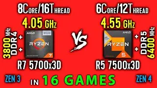 Ryzen 7 5700X3D vs Ryzen 5 7500X3D Test 16 Games | R7 5700X3D vs R5 7500X3D Thermal Power Efficiency