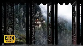 4K Rainy Day at a Buddhist Temple in Nepal Window View - Thunder, Rain Sounds - Ambience for Reading