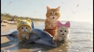 Hero Kitten in Labubu Hat Saves Dolphin with Mommy Cat & Sister 🐾🌊 #mamacat  #animation #cutecats