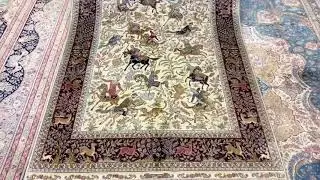 ‪4&times;6ft(122&times;183cm) Beige Qum rug hunting design with floral pattern oriental rug for sale.‬