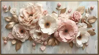 Stunning 3D Floral Wall Art | Pink Roses & Gold Leaves | 4K Gold Frame TV Screensaver