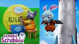 Giant Rocket vs Giant Tennis Ball 🚀 Crayola Scribble Scrubbies SPACE RACE 🎾 Cartoons for Kids