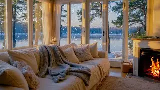 Serene Winter Cabin Night by the Lake 🌙 | Piano Music, Crackling Fireplace & Falling Snow