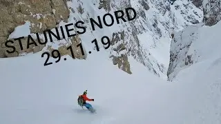 Staunies Nord Cristallo Couloir 29.11.19 First Line Of Season Freeride Cortina Splitboard Snowboard