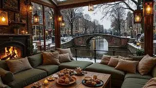 Winter Canal Café Jazz ❄️ Cozy Fireplace, Snowy Streets & Smooth Jazz Ambience by the Bridge