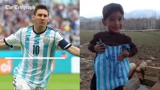 Afghan boy with homemade Lionel Messi football shirt filmed playing football