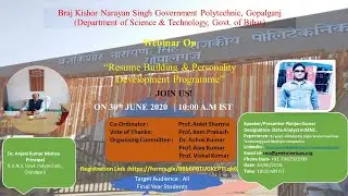 Webinar on Resume Building and Personality Development.Gopalganj Govt.Polytechnic college.Bihar.