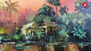 No Brush using , Impressionist landscape, Acrylic painting with palette knife -JekDrawingTips
