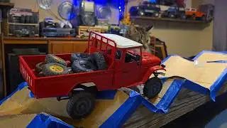 1/12 FMS TOYOTA FJ45 PICK UP With custom lifted suspension running on my new indoor testing obstacle