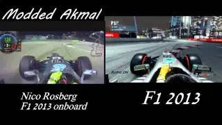 Side by side comparison: Nico Rosberg's 2013 Singapore GP onboard lap vs F1 2013 (PC)