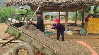 Thanh and the old woman repaired the chicken coop,went to the stream to scoop up sand to bring back.