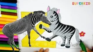 Letter Z for Zebra coloring page - Funny Learning colors and alphabet for kid ands preschoolers