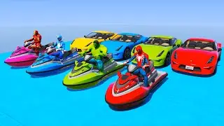 SPIDERMAN JET SKI Racing Challenge on LAKE Rampa ! Iron Man, Hulk, Power Ranger - GTA 5