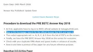 PRE BSTC Answer Key 2018 Download