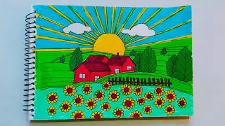 How to draw sunflower garden scenery step by step | Beautiful scenery (easy draw) Art Video