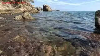 Mystical Morning Beach: Crystal Waters, Mountains, and Soothing Sounds