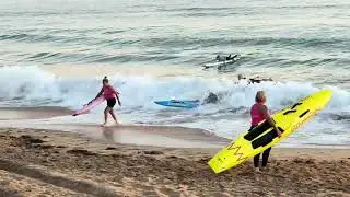 Wamberal Beach Surf Club paddlers at Terrigal Beach. Strong training session. Sunrise. Waves. 