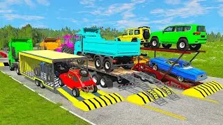 TRANSPORTING PIXAR CARS - Cars VS SpeedBumps VS Train - Multi Flatbed Trailer Truck BeamNG.Drive #25