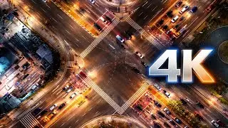 4K City Traffic Ambience | Aerial Night Crossroad | Relaxing Urban Sounds for Study & Focus