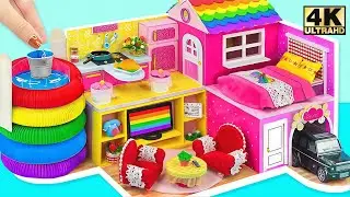 DIY Rainbow Miniature Cardboard Dollhouse with Water Well, Bedroom and Car Garage ❤️ Miniature House