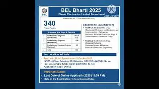 bel recruitment 2025 | bel vacancy 2025 | bel vacancy fees  | bel probationary engineer