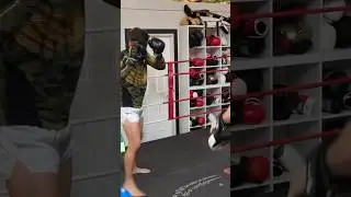 Nice kick feint to change stance for elbow and knee #kickpads #martialarts #muaythai #mma #boxing