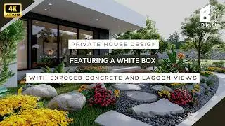 Private House Design Featuring a White Box with Exposed Concrete and Lagoon Views