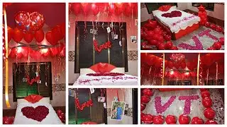 Romantic Wedding Room Decoration Ideas using Balloons, Rose petals, Flowers and Candles.