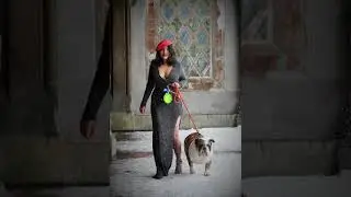 Blizzard fashion week show in central park with English Bulldog