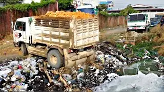 Starting A New Project!! Filling Land By Dump Truck Unloading soil with Komat'Su D31P Dozer