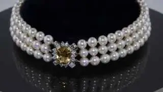 Exquisite Three Strand Pearl Choker with Topaz and Diamond Clasp in Fitted Garrard Box M310