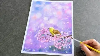 How to paint Cherry blossoms / flowers and bird painting ideas / painting tutorial for beginners #39