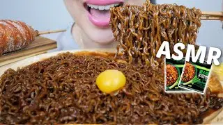 Spicy Pulmuone Jjajang Ramen with Mozzarella Corn Dog & Egg Yolk *ASMR No Talking Eating Sounds |N.E