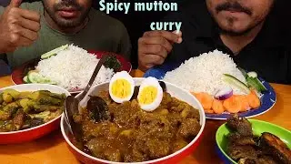 heavy Lunch-Spicy Mutton Curry+fish Curry+fishFry eating with huge rice-mukbang eating show