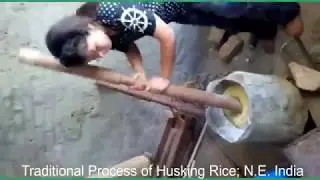 Traditional process of husking rice in North East India.