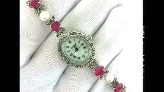 Graceful Vintage Style Silver Women's Watch With Ruby, Pearl & Marcasite