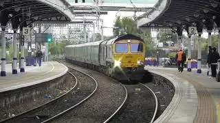 Class 66 66724 + Caledonian Sleeper Class 73 73970 + Mk5 Coaches & Scotrail Class 385s at Stirling.