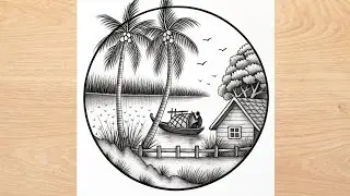 Easy circle scenery drawing l Beautiful Village Scenery Drawing | Easy Landscape Art for Beginners