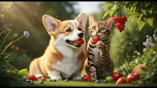 Discover the Joyful Life of a Corgi and Bengal Cat Couple in Their Fruit Garden!