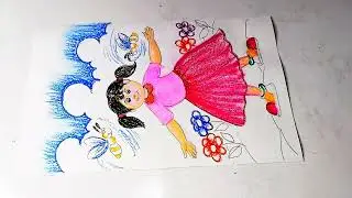 How to Draw a Happy Girl Dancing in a Garden  Easy Oil Pastel Drawing for Beginners!